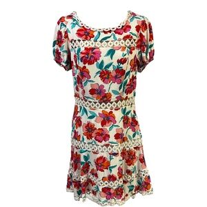 B. DARLIN Dress Multicolor Floral Print Crochet Trim Mini‎ Juniors Size 9/10